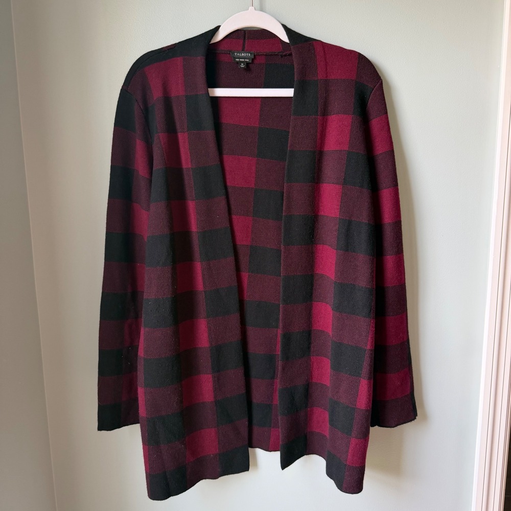 Talbots Merino Wool Buffalo Plaid Red Black Cardigan Sweater Long Open Front M